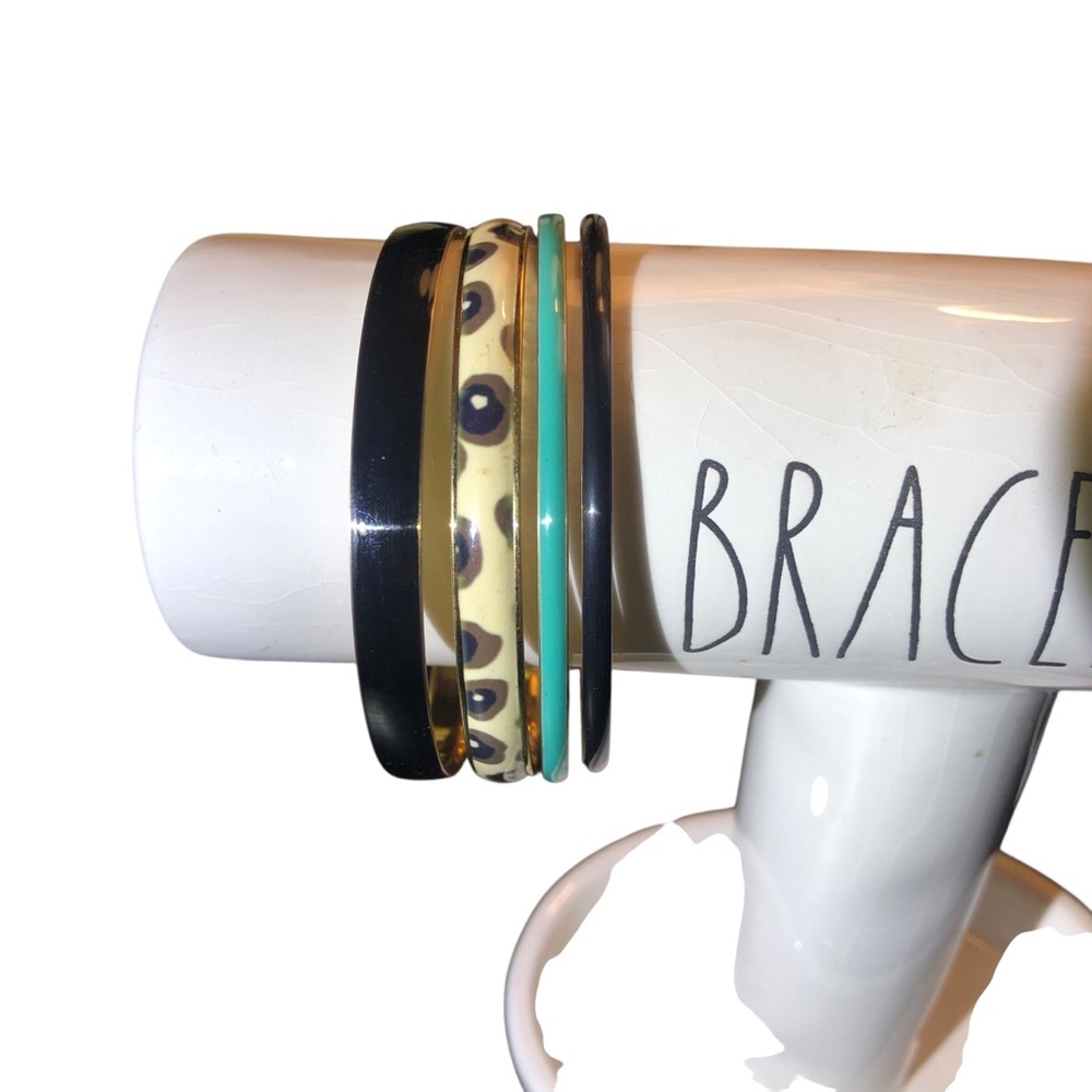 J Crew Stacked Enamel Preppy Black, Gold, Turquoise & Leopard Print Bangle Set
